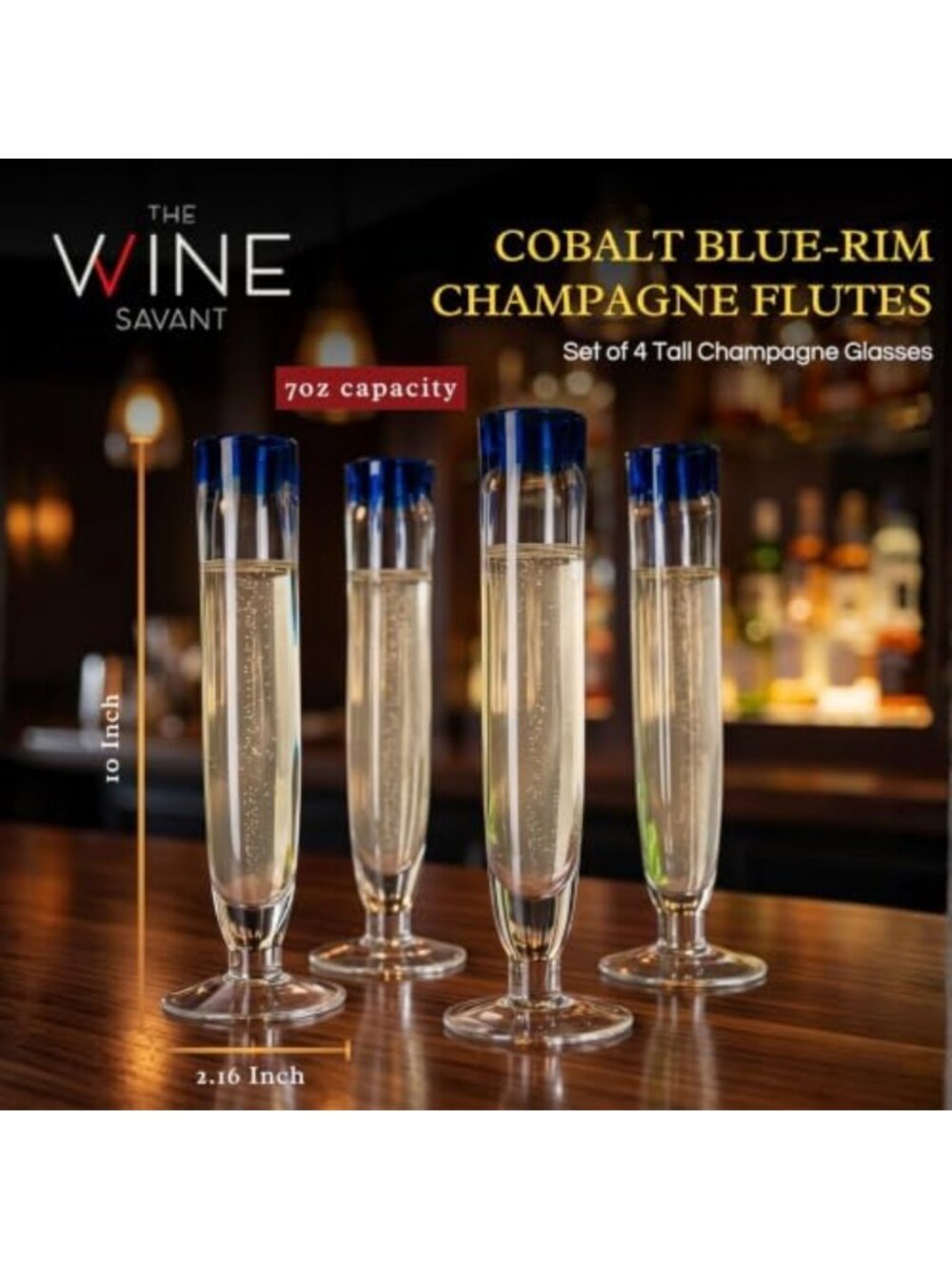 Elegant Cobalt Blue Rim Champagne Flutes - Set of 4 - Hand Blown Glassware for - Picture 4 of 6